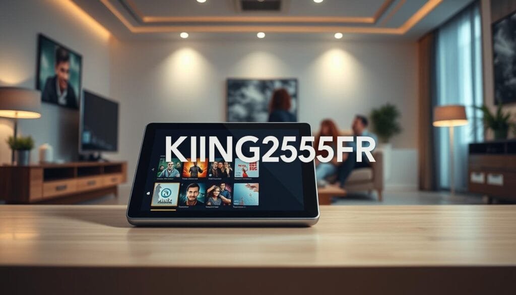 A captivating image showcasing the brand "KING365FR" related to IPTV streaming services. In the foreground, include a sleek digital device, such as a tablet or smart TV, displaying a vibrant user interface of an IPTV app with various streaming options. In the middle ground, add a professional-looking living room setting, emphasizing comfort, modernity, and technology, with a subtle hint of a family enjoying their viewing experience together. The background should feature soft, warm lighting to create a cozy atmosphere, with stylish decor that suggests a high-tech lifestyle. The scene should evoke a sense of reliability and professionalism, underscoring the advantage of choosing KING365FR for IPTV streaming needs, appealing to prospective customers.