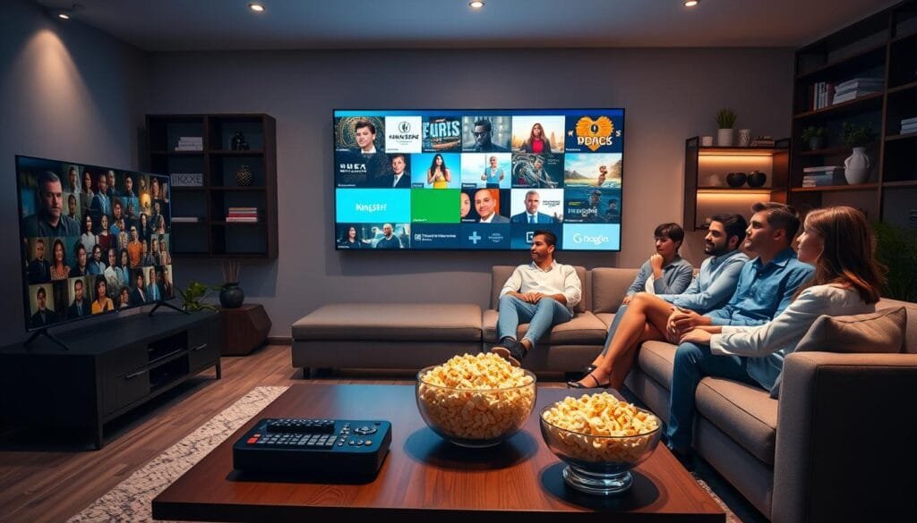 A modern living room setting showcasing a sleek, large flat-screen TV displaying vibrant visuals of KING365FR's IPTV service. In the foreground, a stylish coffee table is adorned with remote controls and a bowl of popcorn, inviting a relaxed viewing atmosphere. In the middle, a comfortable sectional sofa is occupied by a diverse group of people in professional casual attire, engaging with one another and enjoying the content on the screen. Soft, ambient lighting bathes the room, creating a warm and welcoming environment. The background features tasteful decor, including shelves with books and plants. Overall, the image conveys a sense of togetherness and contemporary digital entertainment, perfect for exploring KING365FR's extensive channel offerings.