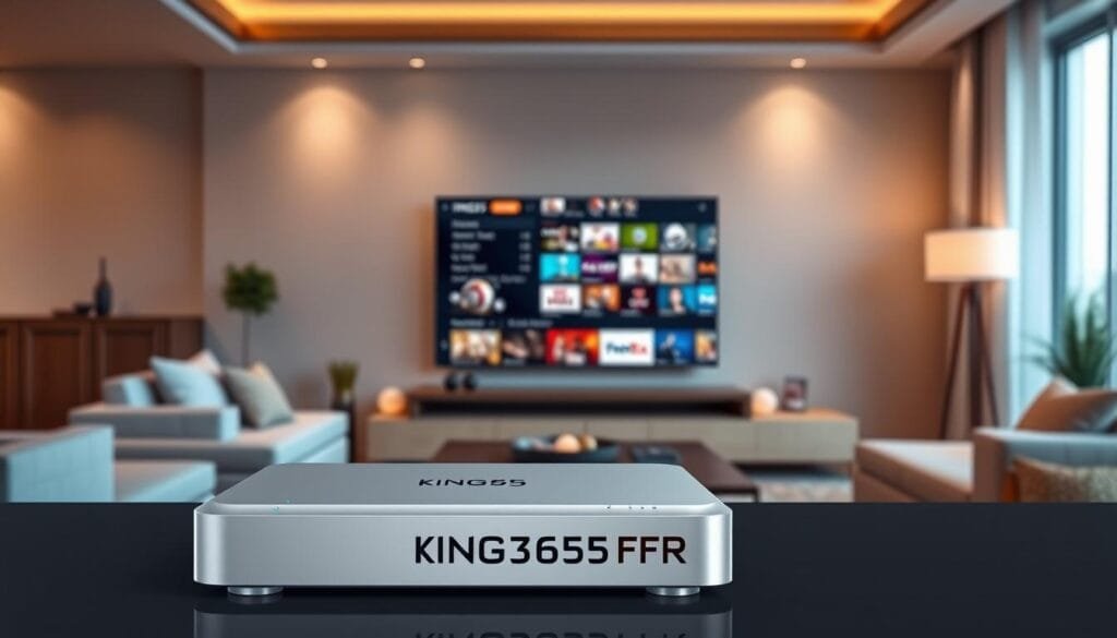 A modern, sleek promotional image representing "KING365FR," the IPTV service. In the foreground, a high-tech IPTV streaming device is prominently displayed, showcasing its sleek design with glowing LED indicators. The middle ground features a large, vibrant flat-screen TV displaying a diverse selection of popular channels, sports, and movies, indicating the extensive offerings of the service. The background includes a stylish, contemporary living room setting with soft, ambient lighting that creates a warm and inviting atmosphere, perfect for family movie nights or sports events. Capture a sense of reliability and innovation, emphasizing King365tvme's role as a leading IPTV service. The angle should be slightly from above to encapsulate all elements harmoniously, evoking a sense of ease and sophistication in home entertainment. A modern, sleek promotional image representing "KING365FR," the IPTV service. In the foreground, a high-tech IPTV streaming device is prominently displayed, showcasing its sleek design with glowing LED indicators. The middle ground features a large, vibrant flat-screen TV displaying a diverse selection of popular channels, sports, and movies, indicating the extensive offerings of the service. The background includes a stylish, contemporary living room setting with soft, ambient lighting that creates a warm and inviting atmosphere, perfect for family movie nights or sports events. Capture a sense of reliability and innovation, emphasizing King365tvme's role as a leading IPTV service. The angle should be slightly from above to encapsulate all elements harmoniously, evoking a sense of ease and sophistication in home entertainment.