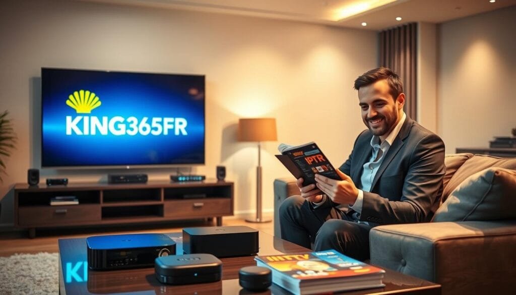 A professional and engaging scene showcasing a sleek, modern living room with a large flat-screen TV displaying the logo "KING365FR". In the foreground, a friendly, well-dressed person, possibly a marketing expert, is seated on a stylish sofa, thoughtfully analyzing IPTV service details on a tablet. The person is surrounded by streaming devices and colorful IPTV pack brochures. In the middle ground, a coffee table with an array of high-quality streaming gadgets is visible, while the background features warm, inviting lighting that enhances the cozy atmosphere. Soft shadows and highlights create a pleasing ambiance, suggesting expertise and comfort in entertainment choices.