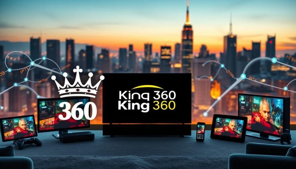A regal, modern "King 360" logo prominently displayed in the foreground, surrounded by a vibrant, digital streaming landscape featuring various devices like smart TVs, tablets, and smartphones, all showcasing dynamic, colorful IPTV content. In the middle ground, incorporate abstract representations of streaming signals and data flowing seamlessly between devices, symbolizing connectivity and advanced technology. The background reflects a stylized city skyline at dusk, with soft, warm lighting that creates a welcoming and innovative atmosphere. Use a wide-angle perspective to capture the expansive view, emphasizing the interconnected world of streaming services. The overall mood should be professional and assuring, reflecting the quality of KING365FR's offerings. A regal, modern "King 360" logo prominently displayed in the foreground, surrounded by a vibrant, digital streaming landscape featuring various devices like smart TVs, tablets, and smartphones, all showcasing dynamic, colorful IPTV content. In the middle ground, incorporate abstract representations of streaming signals and data flowing seamlessly between devices, symbolizing connectivity and advanced technology. The background reflects a stylized city skyline at dusk, with soft, warm lighting that creates a welcoming and innovative atmosphere. Use a wide-angle perspective to capture the expansive view, emphasizing the interconnected world of streaming services. The overall mood should be professional and assuring, reflecting the quality of KING365FR's offerings.