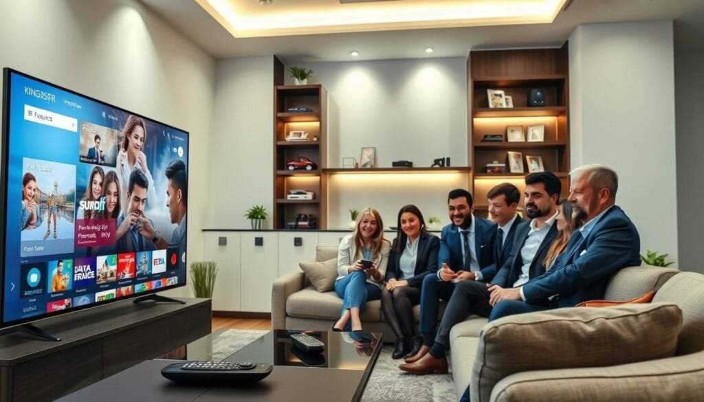 A sleek and modern home entertainment setup showcasing the "KING365FR" IPTV Premium service. Foreground: A large, high-definition television displays a vibrant interface filled with various premium channels and content options. A stylish remote control lies beside it. Middle ground: A comfortable, contemporary sofa with plush cushions where a diverse group of professionals in smart casual attire discuss the features of the IPTV service, exuding a sense of excitement and satisfaction. Background: Soft ambient lighting creates a cozy atmosphere in a well-decorated living room, with shelves lined with media devices, plants, and family pictures. Angle: Shot from a slightly elevated perspective, capturing both the engaging scene and the television display. The overall mood is inviting and professional, highlighting the excellence of IPTV service with KING365FR. A sleek and modern home entertainment setup showcasing the "KING365FR" IPTV Premium service. Foreground: A large, high-definition television displays a vibrant interface filled with various premium channels and content options. A stylish remote control lies beside it. Middle ground: A comfortable, contemporary sofa with plush cushions where a diverse group of professionals in smart casual attire discuss the features of the IPTV service, exuding a sense of excitement and satisfaction. Background: Soft ambient lighting creates a cozy atmosphere in a well-decorated living room, with shelves lined with media devices, plants, and family pictures. Angle: Shot from a slightly elevated perspective, capturing both the engaging scene and the television display. The overall mood is inviting and professional, highlighting the excellence of IPTV service with KING365FR.
