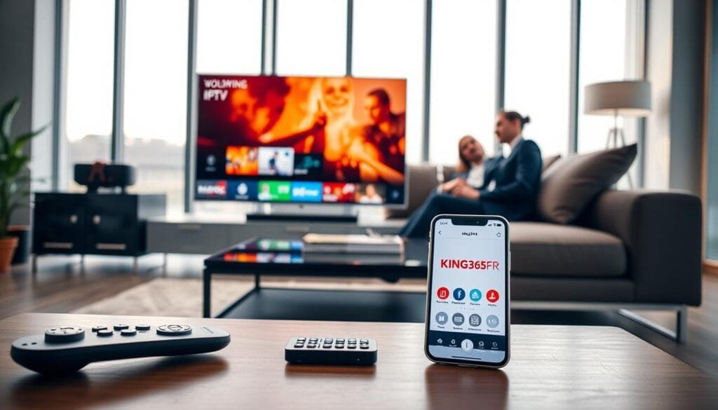 A sleek and modern living room setting featuring a large, high-definition smart TV displaying vibrant IPTV content, symbolizing premium entertainment services. In the foreground, a stylish coffee table holds a remote control and a smartphone with the KING365FR app open, highlighting convenience in accessing IPTV subscriptions. The middle ground shows a cozy couch with a couple of people in professional business attire, looking engaged and relaxed as they enjoy their viewing experience. Soft, ambient lighting creates a welcoming atmosphere, with large windows in the background allowing natural light to flood in, accentuating the comfort of modern living. The overall mood is inviting and professional, emphasizing the appeal of choosing KING365FR for a superior IPTV experience.