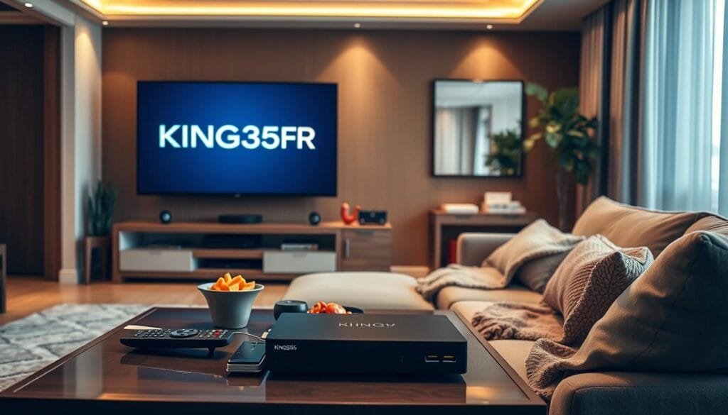 A sleek home entertainment setup showcasing the "KING365FR" logo prominently displayed on a modern flat-screen TV. In the foreground, a stylish coffee table featuring a remote control, snacks, and an IPTV receiver. The middle ground should feature a comfortable sofa arranged for viewing, with a cozy throw blanket draped over one side. The background should include a softly lit living room with warm colors, elegant decor, and a subtle emphasis on technology, like streaming boxes and devices. The lighting is bright yet inviting, creating a relaxed atmosphere, as if anticipating an engaging movie night or live sports viewing. Capture a professional ambiance that represents the quality and reliability of the King365 TV service. A sleek home entertainment setup showcasing the "KING365FR" logo prominently displayed on a modern flat-screen TV. In the foreground, a stylish coffee table featuring a remote control, snacks, and an IPTV receiver. The middle ground should feature a comfortable sofa arranged for viewing, with a cozy throw blanket draped over one side. The background should include a softly lit living room with warm colors, elegant decor, and a subtle emphasis on technology, like streaming boxes and devices. The lighting is bright yet inviting, creating a relaxed atmosphere, as if anticipating an engaging movie night or live sports viewing. Capture a professional ambiance that represents the quality and reliability of the King365 TV service.