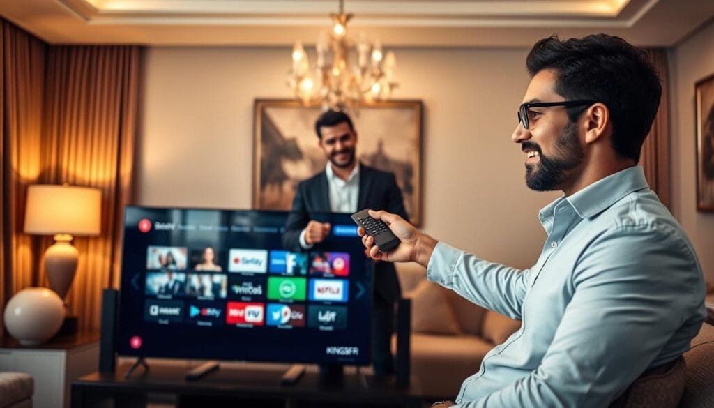 A sleek, modern IPTV setup showcasing the service "KING365FR". In the foreground, a stylish, high-definition television displaying a user-friendly interface with vibrant channels, emphasizing the variety and quality of over 20,000 channels. The middle ground features a well-dressed professional, casually interacting with the remote control, exuding confidence and satisfaction in the service offered. The background captures a cozy living room environment with warm, inviting lighting, highlighting a comfortable couch and elegant decor that suggests a premium viewing experience. The overall atmosphere is professional and reassuring, indicating trust and quality in IPTV service. The composition is framed with a slight upward angle, suggesting an aspirational and positive experience.