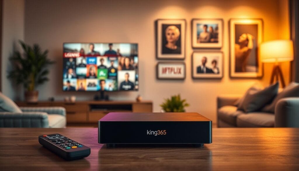A sleek, modern KING365 box v2 prominently displayed in the foreground, showcasing its elegant design and high-tech features. The box should be surrounded by streaming content visuals, like a glowing screen with popular IPTV channels and a remote control positioned nearby. In the middle ground, include subtle hints of a cozy living room environment, adorned with stylish furniture and soft ambient lighting that creates a warm atmosphere. The background should feature a softly illuminated wall with framed images of legendary films and shows, conveying the streaming experience. Utilize a warm color palette and a soft focus effect to enhance the inviting, professional vibe suitable for an expert marketing article on IPTV. The entire composition should evoke a sense of reliability and innovation. A sleek, modern KING365 box v2 prominently displayed in the foreground, showcasing its elegant design and high-tech features. The box should be surrounded by streaming content visuals, like a glowing screen with popular IPTV channels and a remote control positioned nearby. In the middle ground, include subtle hints of a cozy living room environment, adorned with stylish furniture and soft ambient lighting that creates a warm atmosphere. The background should feature a softly illuminated wall with framed images of legendary films and shows, conveying the streaming experience. Utilize a warm color palette and a soft focus effect to enhance the inviting, professional vibe suitable for an expert marketing article on IPTV. The entire composition should evoke a sense of reliability and innovation.