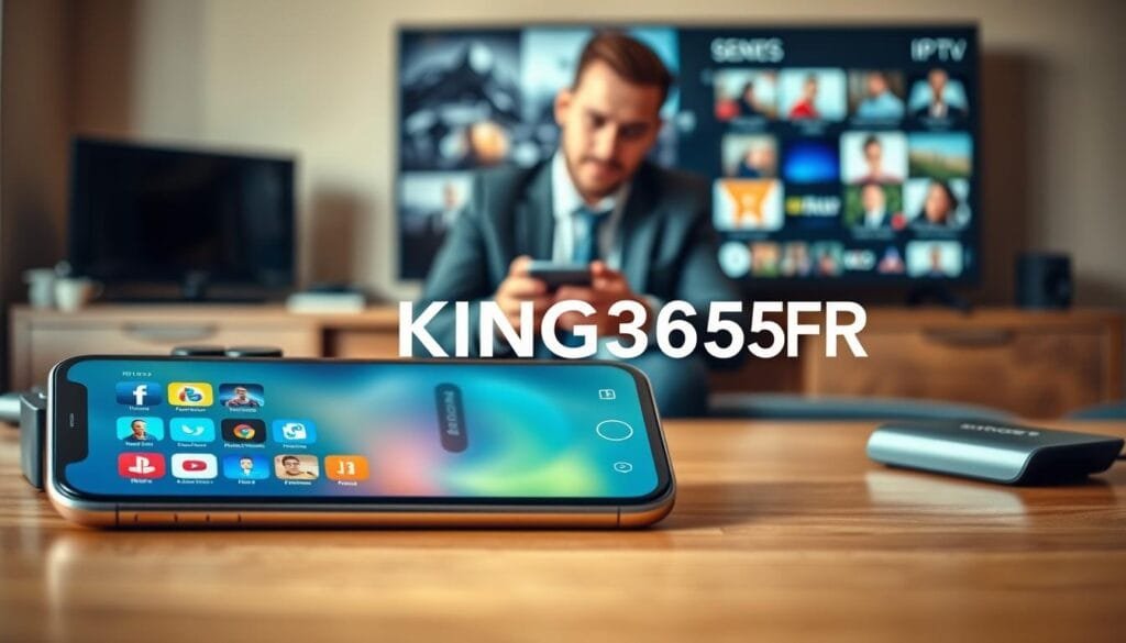 A sleek, modern King 365 iPhone lies prominently in the foreground, showcasing its vibrant screen displaying an IPTV interface filled with colorful channel icons. The device is positioned on a contemporary wooden desk, with digital streaming gadgets subtly arranged around it. In the middle ground, a softly blurred image of a professional in business attire engages with the phone, reflecting a focused and confident demeanor. The background features a stylish home entertainment setup, with a large television displaying dynamic visuals of various content channels. The lighting is warm and inviting, casting soft shadows that enhance the cozy yet professional atmosphere. Ensure no text elements or branding appear besides "KING365FR", emphasizing a premium IPTV experience. A sleek, modern King 365 iPhone lies prominently in the foreground, showcasing its vibrant screen displaying an IPTV interface filled with colorful channel icons. The device is positioned on a contemporary wooden desk, with digital streaming gadgets subtly arranged around it. In the middle ground, a softly blurred image of a professional in business attire engages with the phone, reflecting a focused and confident demeanor. The background features a stylish home entertainment setup, with a large television displaying dynamic visuals of various content channels. The lighting is warm and inviting, casting soft shadows that enhance the cozy yet professional atmosphere. Ensure no text elements or branding appear besides "KING365FR", emphasizing a premium IPTV experience.
