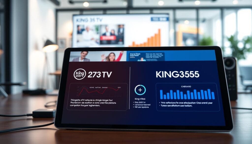 A sleek, modern digital workspace featuring a side-by-side comparison of two IPTV services: King 375 TV and KING365FR. In the foreground, a high-resolution tablet displays a sleek interface of both services, showcasing their logos and key features such as channel offerings and user experience. The middle ground includes a stylish desktop with a high-end monitor, highlighting graphs and statistics related to user satisfaction. The background features a contemporary office setting with soft, ambient lighting, conveying a professional atmosphere. The scene should capture a collaborative vibe, with subtle hints of technology, such as cables and gadgets, enhancing the tech-savvy mood. Employ a depth of field to focus on the tablet while gently blurring the office background. The overall composition should feel polished and informative. A sleek, modern digital workspace featuring a side-by-side comparison of two IPTV services: King 375 TV and KING365FR. In the foreground, a high-resolution tablet displays a sleek interface of both services, showcasing their logos and key features such as channel offerings and user experience. The middle ground includes a stylish desktop with a high-end monitor, highlighting graphs and statistics related to user satisfaction. The background features a contemporary office setting with soft, ambient lighting, conveying a professional atmosphere. The scene should capture a collaborative vibe, with subtle hints of technology, such as cables and gadgets, enhancing the tech-savvy mood. Employ a depth of field to focus on the tablet while gently blurring the office background. The overall composition should feel polished and informative.