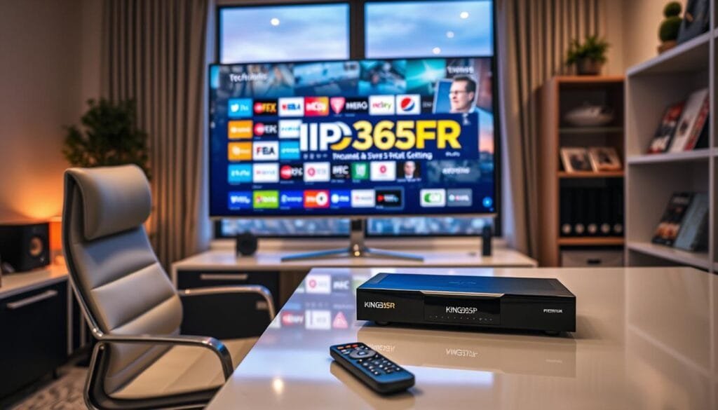 A sleek, modern home office setup captures the essence of "IPTV Premium" service. In the foreground, a stylish, high-resolution television screen displays the KING365FR logo prominently, showcasing a vibrant interface filled with various channels. The middle ground features a comfortable, ergonomic chair and a polished desk with an advanced streaming device and remote control, symbolizing user-friendly technology. In the background, a well-organized bookshelf houses tech magazines and IPTV materials, enhancing the professional atmosphere. Soft, ambient lighting creates a warm and inviting mood, while a window reveals a cityscape at dusk, hinting at connectivity and modern living. The entire scene reflects reliability, innovation, and the premium nature of the KING365FR IPTV service.
