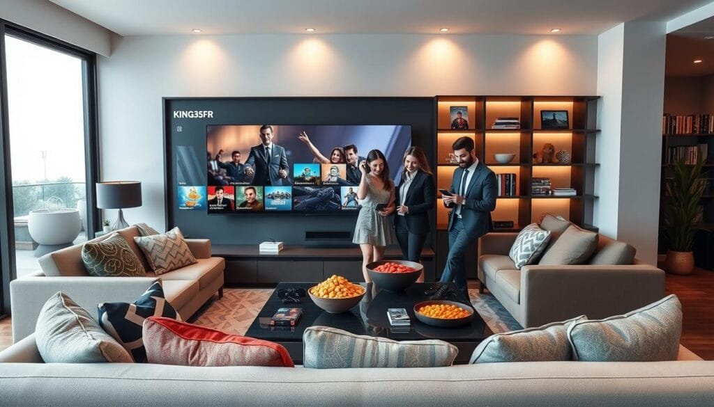 A sleek, modern living room featuring a large flat-screen TV showcasing entertainment options from KING365FR. In the foreground, a stylish and comfortable sofa with eye-catching pillows and a neatly organized coffee table filled with snacks. In the middle, a few family members—dressed in professional business attire—interacting with a smart device, highlighting the accessibility of IPTV. The background includes a chic bookshelf filled with movies and games, with soft, warm lighting creating a cozy atmosphere. The overall mood is inviting and family-oriented, showcasing the benefits of choosing KING365FR for an enhanced entertainment experience, with an emphasis on quality and convenience. The scene unfolds in a well-lit environment, captured from a slightly elevated angle to provide a comprehensive view. A sleek, modern living room featuring a large flat-screen TV showcasing entertainment options from KING365FR. In the foreground, a stylish and comfortable sofa with eye-catching pillows and a neatly organized coffee table filled with snacks. In the middle, a few family members—dressed in professional business attire—interacting with a smart device, highlighting the accessibility of IPTV. The background includes a chic bookshelf filled with movies and games, with soft, warm lighting creating a cozy atmosphere. The overall mood is inviting and family-oriented, showcasing the benefits of choosing KING365FR for an enhanced entertainment experience, with an emphasis on quality and convenience. The scene unfolds in a well-lit environment, captured from a slightly elevated angle to provide a comprehensive view.