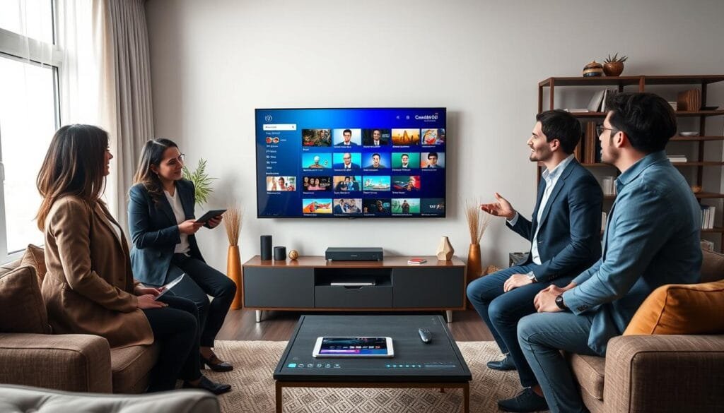 A sleek, modern living room featuring a stylish flat-screen TV displaying a vibrant IPTV streaming interface. In the foreground, a diverse group of three professionals, dressed in smart casual attire, discuss content options enthusiastically. The middle ground shows a coffee table with smart devices like a tablet and a remote control, symbolizing connectivity. The background includes a cozy bookshelf filled with books and decorative items. Soft, natural lighting floods the space, creating a warm and inviting atmosphere. The overall mood is collaborative and informative, enhancing the appeal of choosing KING365FR for streaming needs. The angle is slightly elevated, capturing the interaction and environment dynamically. A sleek, modern living room featuring a stylish flat-screen TV displaying a vibrant IPTV streaming interface. In the foreground, a diverse group of three professionals, dressed in smart casual attire, discuss content options enthusiastically. The middle ground shows a coffee table with smart devices like a tablet and a remote control, symbolizing connectivity. The background includes a cozy bookshelf filled with books and decorative items. Soft, natural lighting floods the space, creating a warm and inviting atmosphere. The overall mood is collaborative and informative, enhancing the appeal of choosing KING365FR for streaming needs. The angle is slightly elevated, capturing the interaction and environment dynamically.