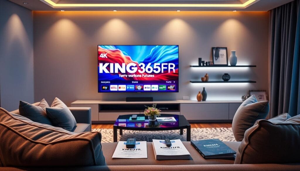 A sleek, modern living room scene showcasing a high-end television displaying vibrant 4K visuals from KING365FR, emphasizing IPTV service quality. In the foreground, a comfortable sofa with stylish cushions, positioned to face the TV. The middle ground features an elegant coffee table with a remote and a few subscription brochures neatly arranged, symbolizing user convenience. The background shows a tastefully decorated shelf with decorative items and a soft glow emanating from ambient lighting, highlighting the premium atmosphere. The mood is sophisticated and inviting, designed to communicate trust and reliability in IPTV services. The image uses warm lighting to evoke a sense of comfort and professionalism, focusing on technology and entertainment refinement. A sleek, modern living room scene showcasing a high-end television displaying vibrant 4K visuals from KING365FR, emphasizing IPTV service quality. In the foreground, a comfortable sofa with stylish cushions, positioned to face the TV. The middle ground features an elegant coffee table with a remote and a few subscription brochures neatly arranged, symbolizing user convenience. The background shows a tastefully decorated shelf with decorative items and a soft glow emanating from ambient lighting, highlighting the premium atmosphere. The mood is sophisticated and inviting, designed to communicate trust and reliability in IPTV services. The image uses warm lighting to evoke a sense of comfort and professionalism, focusing on technology and entertainment refinement.