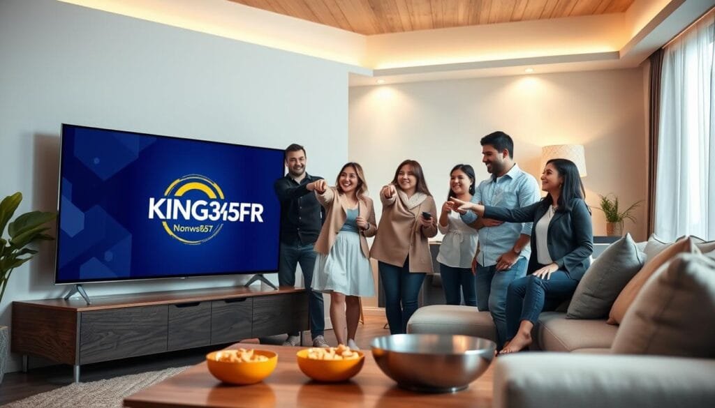 A sleek, modern living room showcasing a family enjoying high-quality streaming content through a large flat-screen TV. In the foreground, a diverse group of three adults, dressed in smart casual attire, are engaged in a lively discussion while pointing at the TV, which displays the KING365FR logo prominently on the screen. In the middle, a stylish coffee table holds remote controls and snack bowls, emphasizing a comfortable entertainment atmosphere. The background features a soft, ambient glow from stylish lighting fixtures creating a warm and inviting space. The scene captures the essence of modern streaming evolution, with cozy interiors and premium technology. A subtle depth of field effect enhances focus on the foreground, while the overall mood is vibrant and friendly, reflecting a community-centered approach to IPTV. A sleek, modern living room showcasing a family enjoying high-quality streaming content through a large flat-screen TV. In the foreground, a diverse group of three adults, dressed in smart casual attire, are engaged in a lively discussion while pointing at the TV, which displays the KING365FR logo prominently on the screen. In the middle, a stylish coffee table holds remote controls and snack bowls, emphasizing a comfortable entertainment atmosphere. The background features a soft, ambient glow from stylish lighting fixtures creating a warm and inviting space. The scene captures the essence of modern streaming evolution, with cozy interiors and premium technology. A subtle depth of field effect enhances focus on the foreground, while the overall mood is vibrant and friendly, reflecting a community-centered approach to IPTV.