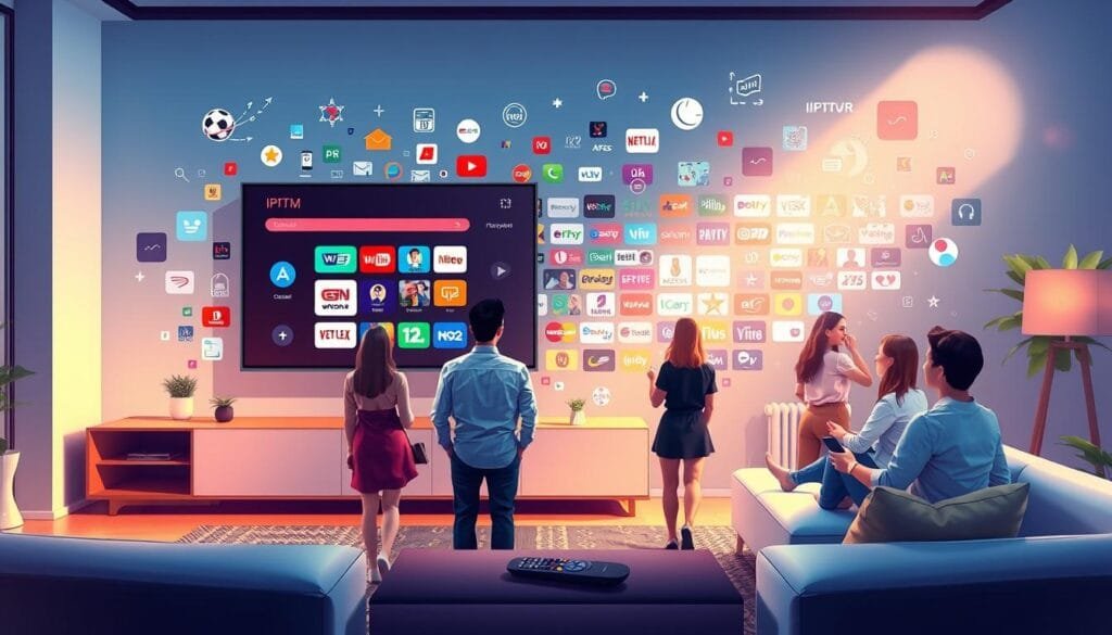 A vibrant, digital-themed illustration showcasing the essence of "KING365FR IPTV Premium". In the foreground, an elegant, modern living room setting, featuring a sleek TV screen displaying colorful IPTV channels, symbols of online streaming, and a remote control. In the middle ground, people of diverse backgrounds dressed in smart casual attire are engaged in watching and discussing content enthusiastically, depicting a communal viewing experience. The background features abstract visual elements representing a vast array of over 20,000 channels, with dynamic graphics and icons of different genres like sports, movies, and documentaries. Soft, ambient lighting enhances the inviting atmosphere, with a slight lens flare to create a sense of warmth and excitement, conveying the innovative spirit of IPTV services. A vibrant, digital-themed illustration showcasing the essence of "KING365FR IPTV Premium". In the foreground, an elegant, modern living room setting, featuring a sleek TV screen displaying colorful IPTV channels, symbols of online streaming, and a remote control. In the middle ground, people of diverse backgrounds dressed in smart casual attire are engaged in watching and discussing content enthusiastically, depicting a communal viewing experience. The background features abstract visual elements representing a vast array of over 20,000 channels, with dynamic graphics and icons of different genres like sports, movies, and documentaries. Soft, ambient lighting enhances the inviting atmosphere, with a slight lens flare to create a sense of warmth and excitement, conveying the innovative spirit of IPTV services.