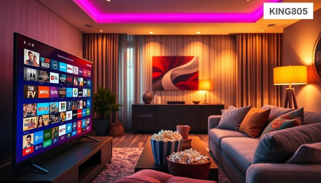 A vibrant living room setting showcasing a state-of-the-art home entertainment system. In the foreground, a sleek, modern television displays a colorful assortment of streaming content, hinting at the vast 20,000 channel offerings from KING365FR. In the middle, a comfortable couch adorned with plush cushions invites relaxation, alongside a coffee table filled with popcorn and drinks. The background features warm ambient lighting from stylish lamps, creating a cozy atmosphere. The scene captures an engaging and inviting vibe, emphasizing the enjoyment of digital entertainment. The focus is on high-quality images, with a cinematic angle that draws viewers into the immersive experience, enhancing the overall appeal of home entertainment.