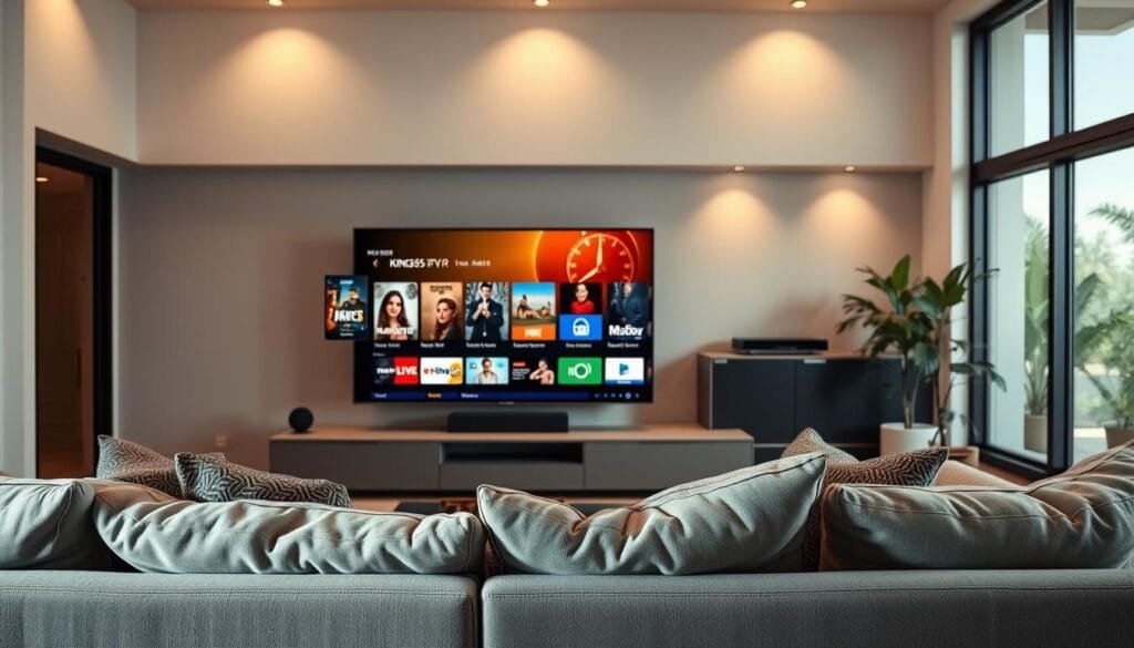 A vibrant, modern living room scene showcasing the "KING365FR" IPTV application on a sleek, large flat-screen TV. In the foreground, a cozy sofa set with stylish cushions invites viewers to sit and enjoy streaming content. The middle layer features a close-up of the TV screen displaying the KING365FR app interface, highlighting its user-friendly design with vibrant thumbnail images of popular shows and movies. The background includes soft, ambient lighting, creating a welcoming atmosphere that encourages relaxation and entertainment. Use a wide-angle lens to capture the spaciousness of the room, ensuring natural light filters through large windows, enhancing the warmth of the scene. The mood is professional yet inviting, reflecting the contemporary streaming experience with KING365FR.