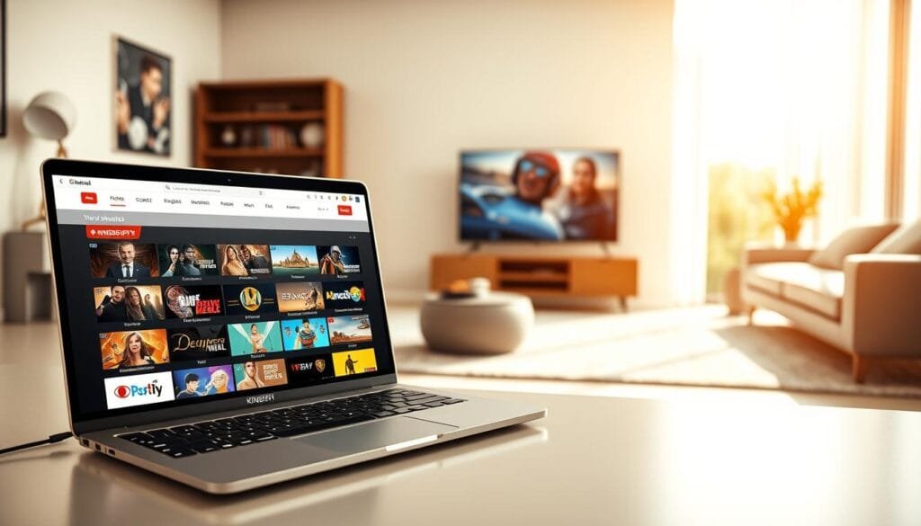 A visually engaging digital representation of the KING365FR IPTV site, highlighting its user-friendly interface and premium streaming features. In the foreground, display a sleek modern laptop with an open screen showing vibrant thumbnails of popular streaming channels. The middle ground features a cozy living room setup with a stylish couch and a large flat-screen TV displaying dynamic content rendered from the site. In the background, a large window allows soft, natural light to pour in, creating an inviting atmosphere. Opt for a warm color palette that evokes a sense of comfort and modernity. The overall mood should feel professional yet relaxed, illustrating the essence of premium entertainment accessible through KING365FR. Focus on clarity and detail that showcases the streaming experience without text or overlays. A visually engaging digital representation of the KING365FR IPTV site, highlighting its user-friendly interface and premium streaming features. In the foreground, display a sleek modern laptop with an open screen showing vibrant thumbnails of popular streaming channels. The middle ground features a cozy living room setup with a stylish couch and a large flat-screen TV displaying dynamic content rendered from the site. In the background, a large window allows soft, natural light to pour in, creating an inviting atmosphere. Opt for a warm color palette that evokes a sense of comfort and modernity. The overall mood should feel professional yet relaxed, illustrating the essence of premium entertainment accessible through KING365FR. Focus on clarity and detail that showcases the streaming experience without text or overlays.