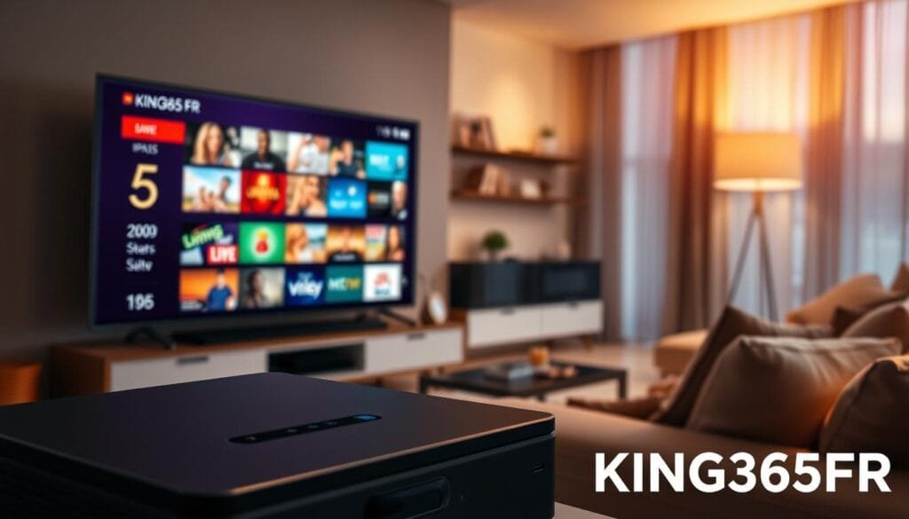 A visually engaging image representing IPTV services under the theme "KING365FR." In the foreground, feature a digital device, such as a sleek smart TV displaying vibrant content, showcasing a variety of channels and streaming options. In the middle ground, incorporate a modern living room setting with comfortable furniture, emphasizing a relaxed atmosphere for family viewing. The background should show a subtle hint of a cable connection, symbolizing high-quality IPTV service. Use warm, inviting lighting to create a cozy ambiance, with a slight lens blur for depth. The mood should convey convenience and satisfaction, capturing the essence of choosing KING365FR for premium IPTV services, appealing to tech-savvy viewers seeking reliable entertainment solutions.