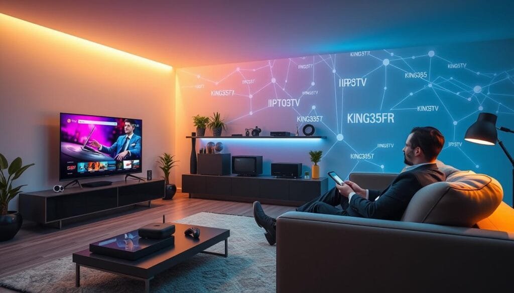 A digital landscape depicting the concept of IPTV in today's digital world. In the foreground, a sleek, modern living room setting with a large flat-screen TV displaying vibrant streaming content. A professional in business attire is seated comfortably on a sofa, engaging with a smart device, symbolizing interactivity. The middle ground features a stylish shelf with IPTV devices, surrounded by various tech gadgets. In the background, an abstract representation of a digital network with flowing data streams and icons of popular streaming services, like KING365FR, illuminating the space with soft blue and purple lights. The atmosphere is dynamic yet inviting, reflecting the innovative essence of modern IPTV technology. Use a wide-angle lens to capture the depth of the setting, ensuring the lighting is warm and welcoming, creating an engaging visual narrative. Comment fonctionne l'iptv