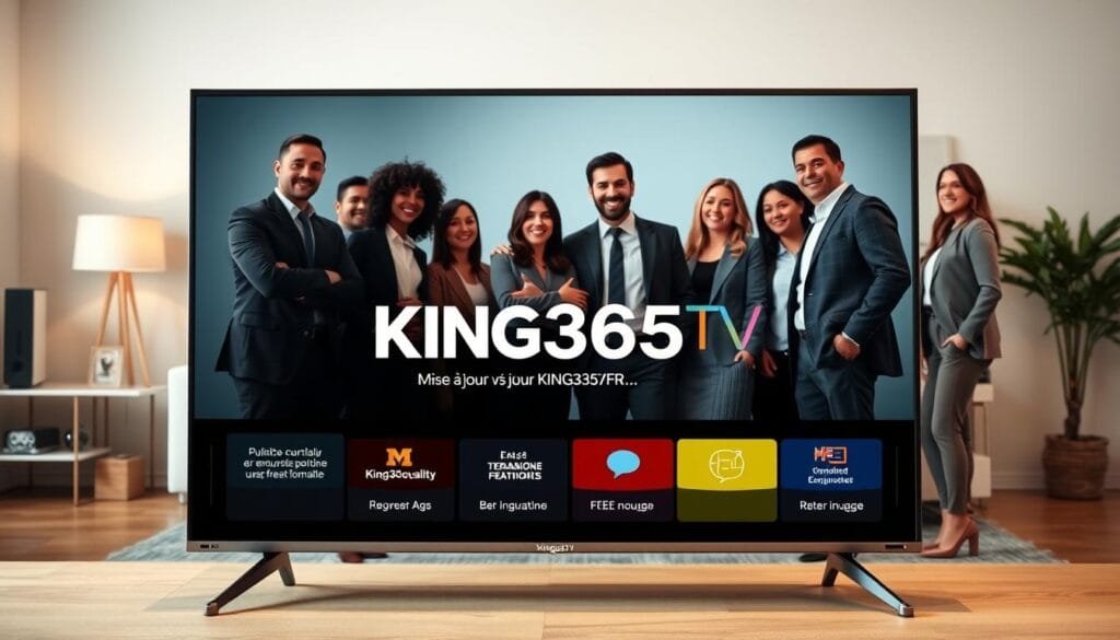 A dynamic and engaging visual that represents the concept of "mise à jour King365TV v3." In the foreground, feature a sleek, modern TV displaying the KING365FR logo prominently while showcasing innovative features of version 3, such as enhanced streaming options and user-friendly navigation. In the middle ground, depict a diverse group of confident individuals in professional business attire gathered around the TV, expressing excitement and curiosity about the update. The background should feature a contemporary living room setting with soft lighting that creates a warm, welcoming atmosphere. Use a slightly elevated perspective to capture the interaction, emphasizing engagement and collaboration. The overall mood should convey positivity and innovation, inspiring viewers about the transition to version 3 of King365TV.