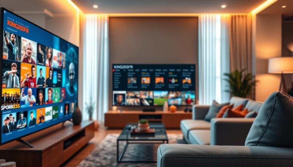 A dynamic and visually engaging scene illustrating the world of streaming with KING365FR. In the foreground, a sleek modern television displays vibrant streaming content featuring various genres, from sports to movies. In the middle, a stylish living room setup showcases comfortable seating and ambient lighting, creating a relaxed viewing atmosphere. The background features a digital interface with scrolling thumbnails and channel options, symbolizing the vast selection of over 20,000 channels offered by KING365TV. Soft, warm lighting enhances the inviting ambiance, while an angle that slightly tilts downward gives a cozy, immersive feel. The overall mood is professional yet approachable, capturing the essence of premium IPTV entertainment. The image should be free of any text or branding overlays. A dynamic and visually engaging scene illustrating the world of streaming with KING365FR. In the foreground, a sleek modern television displays vibrant streaming content featuring various genres, from sports to movies. In the middle, a stylish living room setup showcases comfortable seating and ambient lighting, creating a relaxed viewing atmosphere. The background features a digital interface with scrolling thumbnails and channel options, symbolizing the vast selection of over 20,000 channels offered by KING365TV. Soft, warm lighting enhances the inviting ambiance, while an angle that slightly tilts downward gives a cozy, immersive feel. The overall mood is professional yet approachable, capturing the essence of premium IPTV entertainment. The image should be free of any text or branding overlays.