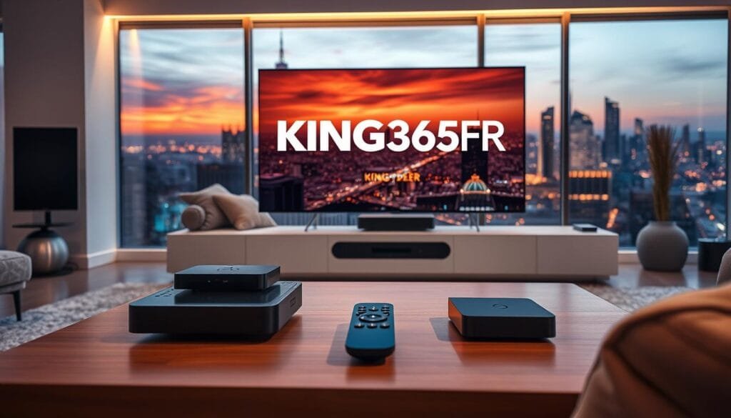 A futuristic living room scene showcasing the concept of IPTV with a sleek television displaying the logo "KING365FR". In the foreground, a modern coffee table is laden with advanced streaming devices and a remote control, highlighting the technology. The middle layer features a cozy couch adorned with plush cushions, inviting viewers to relax and stream. The background features a large window with a view of a vibrant city skyline illuminated by a sunset, symbolizing connectivity and innovation. Soft, warm lighting creates an inviting atmosphere, emphasizing the comfort of at-home entertainment. The overall mood is professional yet welcoming, reflecting the evolution of IPTV in 2026. The camera angle is slightly elevated, giving a comprehensive view of the living space while drawing attention to the "KING365FR" branding prominently on the screen.