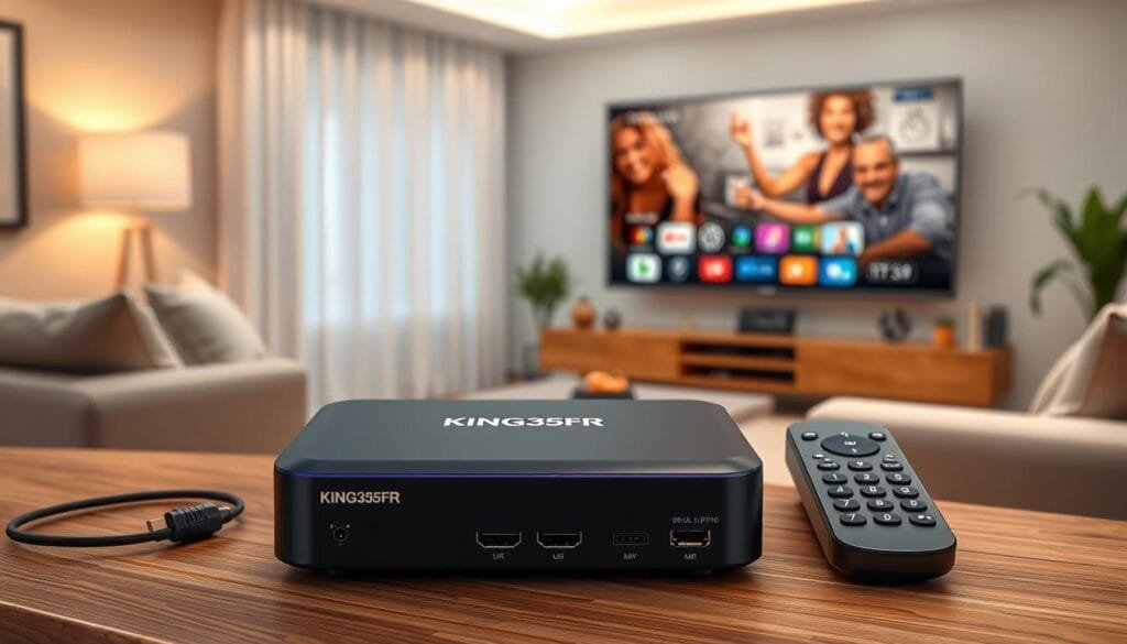 A highly detailed and realistic illustration of the KING365FR King 365 TV Box V3. Display the TV box prominently in the foreground, showcasing its sleek and modern design with distinct features, ports, and brand logo visible. The box should be positioned on a stylish wooden surface, with a remote control nearby for context. In the middle ground, include subtle tech elements like HDMI and Ethernet cables to emphasize its functionality. For the background, suggest a cozy living room with soft, warm lighting that conveys a relaxing atmosphere, featuring a large flat-screen TV displaying vibrant colors. The overall mood should be professional yet inviting, highlighting the TV box as an essential tool for premium IPTV experiences. A highly detailed and realistic illustration of the KING365FR King 365 TV Box V3. Display the TV box prominently in the foreground, showcasing its sleek and modern design with distinct features, ports, and brand logo visible. The box should be positioned on a stylish wooden surface, with a remote control nearby for context. In the middle ground, include subtle tech elements like HDMI and Ethernet cables to emphasize its functionality. For the background, suggest a cozy living room with soft, warm lighting that conveys a relaxing atmosphere, featuring a large flat-screen TV displaying vibrant colors. The overall mood should be professional yet inviting, highlighting the TV box as an essential tool for premium IPTV experiences.
