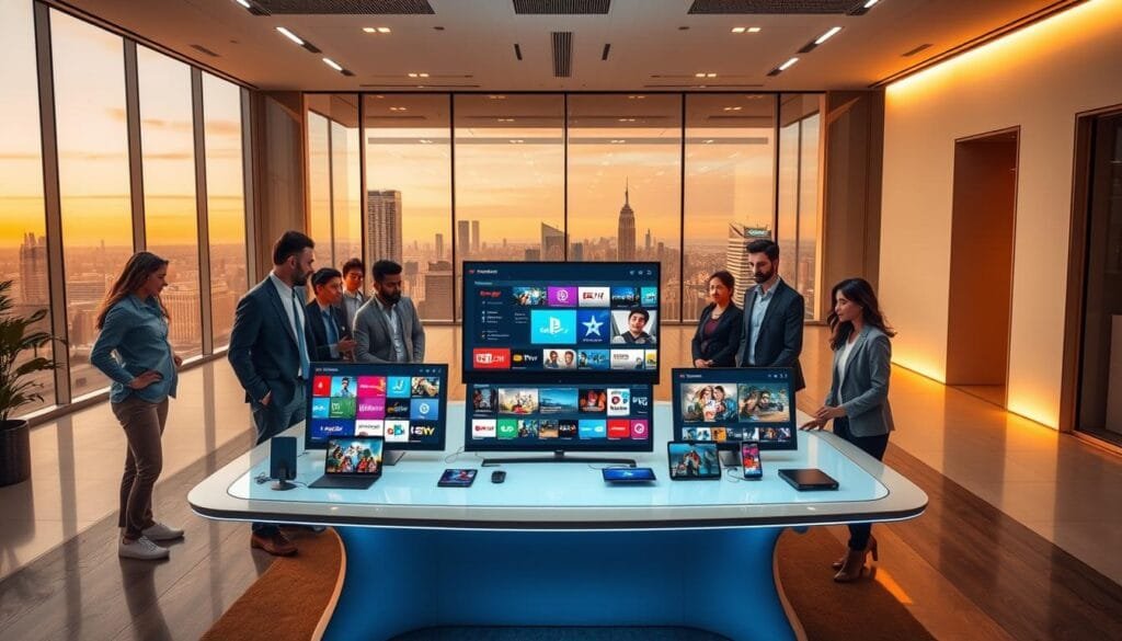 A modern and engaging digital landscape illustrating the world of streaming with KING365FR. In the foreground, a diverse group of professionals dressed in smart casual attire is gathered around a sleek, futuristic table with various devices displaying vibrant streaming interfaces. In the middle ground, large screens showcase a variety of IPTV content with colorful graphics and numerous channel options, symbolizing the extensive offerings of 20,000 channels. The background features a stylish, minimalistic office environment with soft, ambient lighting creating a warm and inviting atmosphere. A large window reveals a panoramic view of a city skyline, emphasizing connectivity and technology. Overall, the scene conveys a tone of professionalism and innovation in the streaming industry. A modern and engaging digital landscape illustrating the world of streaming with KING365FR. In the foreground, a diverse group of professionals dressed in smart casual attire is gathered around a sleek, futuristic table with various devices displaying vibrant streaming interfaces. In the middle ground, large screens showcase a variety of IPTV content with colorful graphics and numerous channel options, symbolizing the extensive offerings of 20,000 channels. The background features a stylish, minimalistic office environment with soft, ambient lighting creating a warm and inviting atmosphere. A large window reveals a panoramic view of a city skyline, emphasizing connectivity and technology. Overall, the scene conveys a tone of professionalism and innovation in the streaming industry.