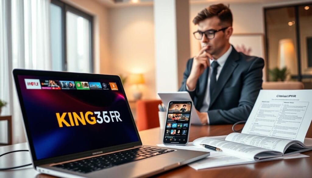 A modern digital workspace depicting a professional IPTV selection guide. In the foreground, a sleek laptop displays a vibrant interface of IPTV services, with the logo "KING365FR" prominently featured. Next to it, a smartphone showcases multiple streaming options, surrounded by crisp documents that list IPTV criteria. In the middle ground, a well-dressed businessperson, wearing smart casual attire, thoughtfully analyzes the options, with a look of determination and focus. The background features a stylish office setting with soft, warm lighting, creating a welcoming atmosphere. The angle captures the essence of decision-making in technology, emphasizing professionalism and reliability within the IPTV sector. A modern digital workspace depicting a professional IPTV selection guide. In the foreground, a sleek laptop displays a vibrant interface of IPTV services, with the logo "KING365FR" prominently featured. Next to it, a smartphone showcases multiple streaming options, surrounded by crisp documents that list IPTV criteria. In the middle ground, a well-dressed businessperson, wearing smart casual attire, thoughtfully analyzes the options, with a look of determination and focus. The background features a stylish office setting with soft, warm lighting, creating a welcoming atmosphere. The angle captures the essence of decision-making in technology, emphasizing professionalism and reliability within the IPTV sector.