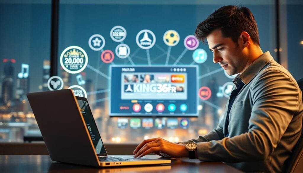 A modern, digital workspace scene featuring a sleek laptop displaying the KING365FR logo, surrounded by vibrant icons representing over 20,000 streaming channels, such as movie reels, sports symbols, and music notes. In the foreground, a professional individual in smart casual attire is engaging with the laptop, looking focused and assured. The middle ground includes an interactive screen showcasing IPTV features and various genres of content. The background has a soft, glowing ambiance with subtle hints of a city skyline and digital connections, creating a tech-savvy atmosphere. The lighting is warm and inviting, suggesting a blend of professionalism and excitement in the streaming universe. A modern, digital workspace scene featuring a sleek laptop displaying the KING365FR logo, surrounded by vibrant icons representing over 20,000 streaming channels, such as movie reels, sports symbols, and music notes. In the foreground, a professional individual in smart casual attire is engaging with the laptop, looking focused and assured. The middle ground includes an interactive screen showcasing IPTV features and various genres of content. The background has a soft, glowing ambiance with subtle hints of a city skyline and digital connections, creating a tech-savvy atmosphere. The lighting is warm and inviting, suggesting a blend of professionalism and excitement in the streaming universe.