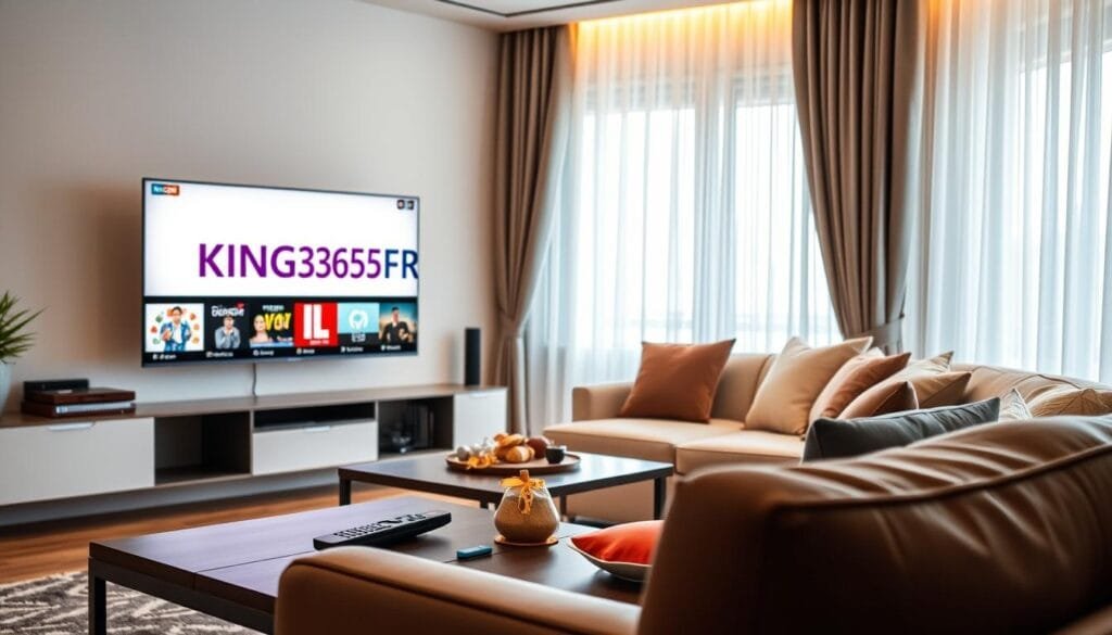 A modern living room featuring a sleek television with the KING365FR logo prominently displayed on the screen, showcasing vibrant IPTV content of popular French programs. In the foreground, a stylish coffee table holds a remote control and snacks, creating a cozy atmosphere. In the middle ground, a comfortable sofa is adorned with elegant cushions, suggesting relaxation and enjoyment of entertainment. The background features a warm, ambient lighting that enhances the cozy feeling of the room, with soft curtains gently diffusing the light filtering through a window. The overall mood is professional yet inviting, conveying the essence of IPTV streaming in a modern French home environment.