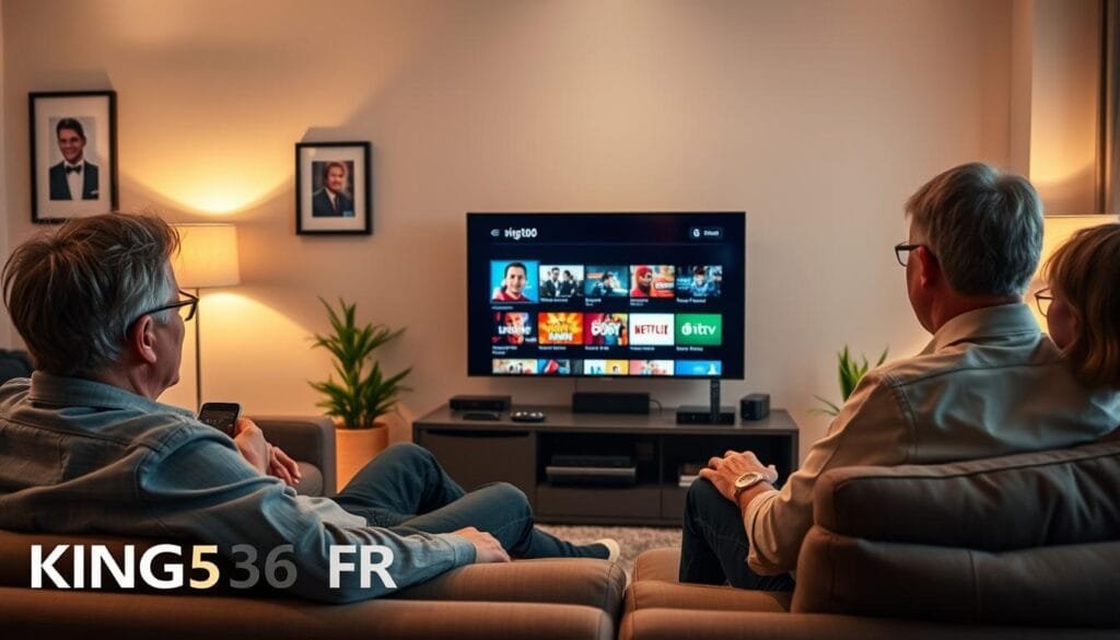 A modern living room scene showcasing a family enjoying entertainment through IPTV technology. In the foreground, a middle-aged couple, dressed in smart casual attire, are sitting on a comfortable couch, engaging with a smart TV that displays vibrant streaming options. The couple exudes a sense of relaxation and enjoyment. In the middle layer, various streaming devices are subtly placed on a stylish TV stand, hinting at the evolution of technology. The background features a cozy ambiance with soft, warm lighting, creating an inviting atmosphere. Subtle decorative elements include plants and framed artwork, emphasizing the modern home setting. The image should connect with the audience, highlighting the value of affordable IPTV subscriptions with a professional touch reflecting the brand name "KING365FR." The mood should be warm, inviting, and reassuring, encapsulating the growth of streaming services.
