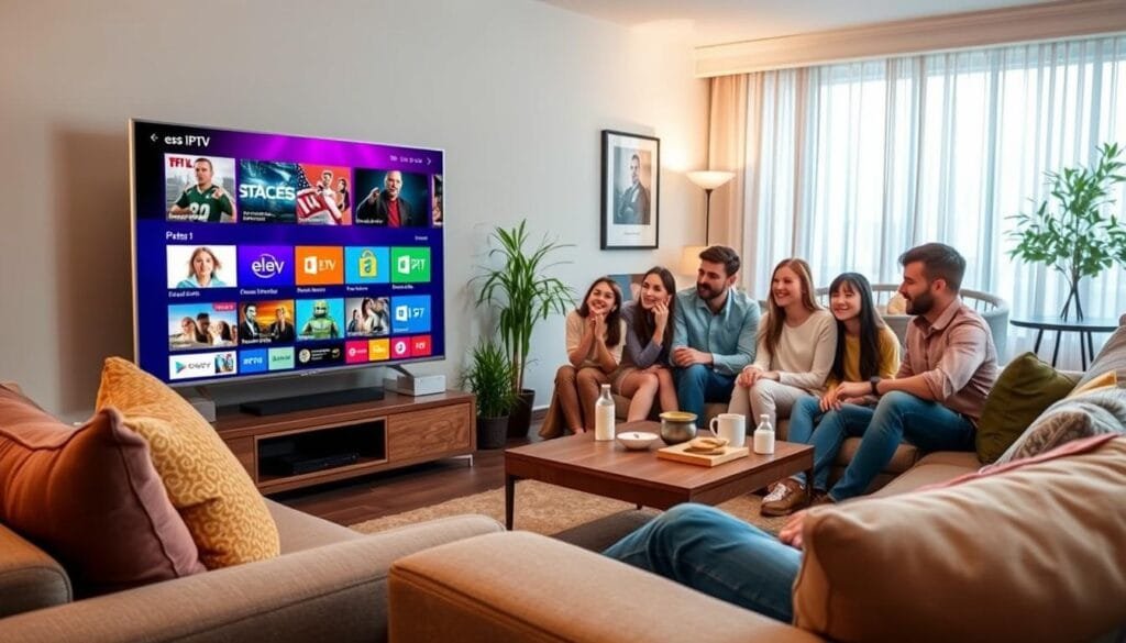 A modern living room scene that captures the essence of streaming entertainment with es IPTV and KING365FR. In the foreground, a sleek TV displaying a vibrant user interface with a grid of diverse channels, some showcasing sports, movies, and documentaries. A stylish sofa adorned with colorful cushions is to the left, where a family is gathered, engaged and excited about their viewing experience, dressed in casual yet tidy attire. The middle ground features a coffee table with snacks and drinks, enhancing the cozy atmosphere. The background displays a well-decorated room with soft lighting and a window letting in natural light, creating a warm, inviting environment that exudes relaxation and enjoyment of the streaming world. A modern living room scene that captures the essence of streaming entertainment with es IPTV and KING365FR. In the foreground, a sleek TV displaying a vibrant user interface with a grid of diverse channels, some showcasing sports, movies, and documentaries. A stylish sofa adorned with colorful cushions is to the left, where a family is gathered, engaged and excited about their viewing experience, dressed in casual yet tidy attire. The middle ground features a coffee table with snacks and drinks, enhancing the cozy atmosphere. The background displays a well-decorated room with soft lighting and a window letting in natural light, creating a warm, inviting environment that exudes relaxation and enjoyment of the streaming world.