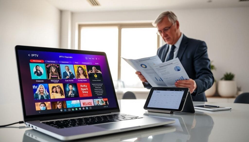 A modern, professional setting showcasing IPTV services offered by KING365FR in 2026. In the foreground, a sleek laptop displaying a vibrant interface of IPTV channels, with pricing options prominently highlighted. Beside it, a tablet showcasing the KING365FR app. In the middle ground, a well-dressed business professional, a middle-aged person in business attire, is engaged in analyzing the IPTV plans, surrounded by charts and graphs illustrating cost comparisons. The background captures a minimalist office space with a large window letting in soft, natural light, enhancing the atmosphere of professionalism and trust. The overall mood feels informative and reassuring, conveying a sense of analysis and expertise in IPTV pricing.