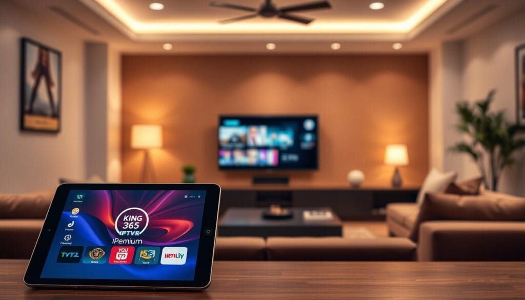 A modern, sleek digital workspace showcasing the concept of "IPTV Premium", prominently featuring the logo "KING365FR". In the foreground, a high-tech tablet displays an elegant IPTV user interface with vibrant channel options and graphics. The middle ground highlights a stylish, well-organized entertainment setup, including a high-definition smart TV and a comfortable sofa, conveying a luxurious viewing experience. The background should have soft, ambient lighting, resembling a cozy living room with minimalistic decor. The atmosphere should feel engaging and upscale, emphasizing a sense of sophistication and modernity in digital viewing. Use a warm color palette to evoke a welcoming yet professional tone, capturing the essence of premium IPTV entertainment.