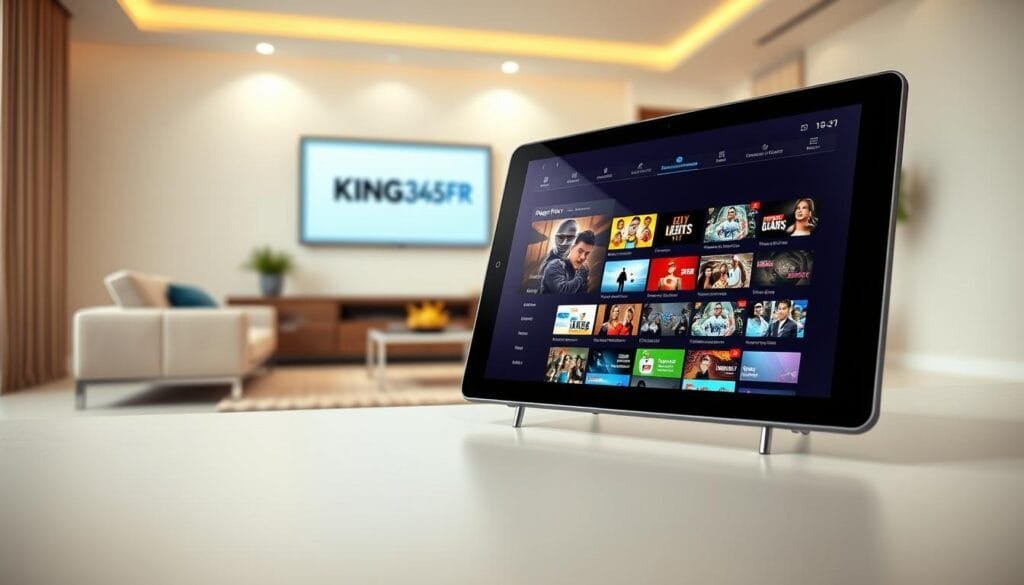 A modern, sleek interface of the IPTV Smarter Pro software displayed on a large HD touchscreen tablet, positioned prominently in the foreground. The device shows a vibrant, user-friendly menu featuring a selection of channels, with colorful thumbnails of various live broadcasts. In the middle ground, a stylish living room setting with a contemporary sofa and a soft rug, creating a welcoming atmosphere. The background showcases a modern television with the KING365FR logo subtly integrated into the decor. Soft, warm lighting illuminates the space, creating an inviting and professional mood. The angle is slightly tilted to give depth, bringing the viewer into the experience of using IPTV Smarter Pro. The image is clean and free from any text, focusing solely on conveying the essence of IPTV entertainment. A modern, sleek interface of the IPTV Smarter Pro software displayed on a large HD touchscreen tablet, positioned prominently in the foreground. The device shows a vibrant, user-friendly menu featuring a selection of channels, with colorful thumbnails of various live broadcasts. In the middle ground, a stylish living room setting with a contemporary sofa and a soft rug, creating a welcoming atmosphere. The background showcases a modern television with the KING365FR logo subtly integrated into the decor. Soft, warm lighting illuminates the space, creating an inviting and professional mood. The angle is slightly tilted to give depth, bringing the viewer into the experience of using IPTV Smarter Pro. The image is clean and free from any text, focusing solely on conveying the essence of IPTV entertainment.