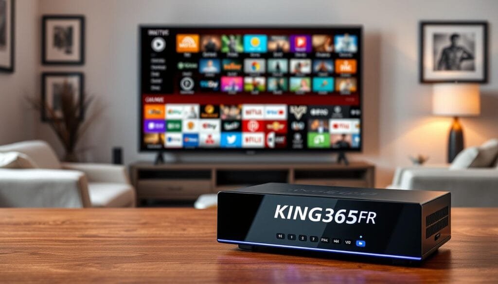 A sleek IPTV stream player device, prominently displaying the brand name "KING365FR," is positioned in the foreground on a modern wooden table. The player features a glossy black finish with illuminated touch controls, exuding a high-tech aesthetic. In the middle ground, a large flat-screen television showcases a vibrant, colorful interface filled with a selection of channels, illustrating the extensive offerings—20,000 channels visible in an organized grid. The background presents a cozy living room setting, softly lit with warm tones, and stylish decor, such as framed art and minimalistic furniture, creating a welcoming atmosphere. Employ soft lighting to enhance the professional, reassuring mood, capturing the essence of a premium entertainment experience in a domestic environment.