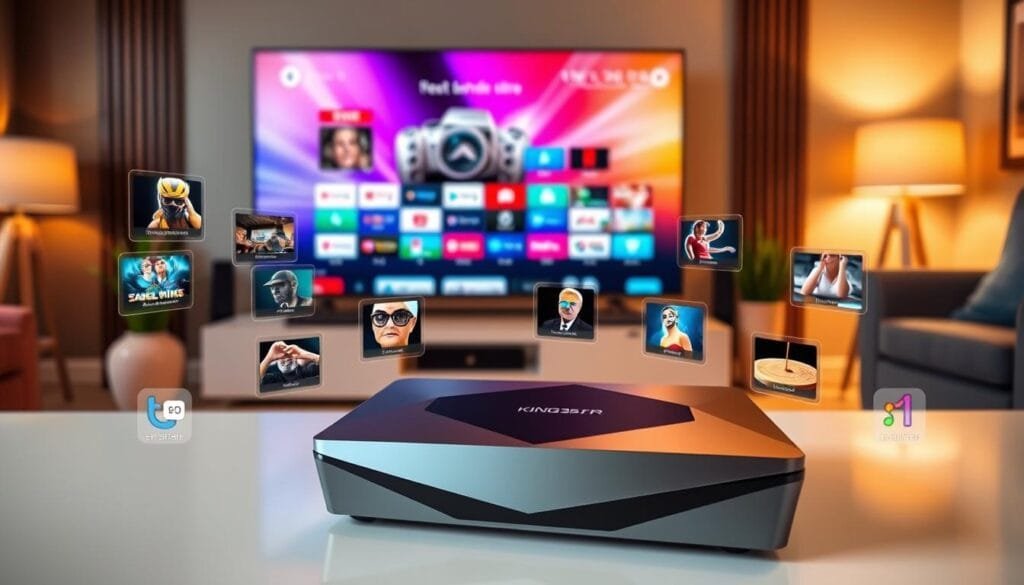A sleek and modern KING365FR IPTV box v3 is prominently featured in the foreground, showcasing its high-tech design with sharp edges and a glossy finish. Surrounding the box are vivid illustrations of virtual channel menus, highlighting its capability to access over 20,000 premium channels. In the middle ground, a well-organized entertainment setup includes a large flat-screen TV displaying vibrant color formats, reflecting the advanced capabilities of the device. The background features a warm, inviting living room ambiance with cozy lighting that exudes a sense of comfort and modernity. The scene is captured from a slightly elevated angle, emphasizing the IPTV box while ensuring clarity in the details. The overall mood is professional and reassuring, suitable for tech-savvy audiences exploring IPTV evolution. A sleek and modern KING365FR IPTV box v3 is prominently featured in the foreground, showcasing its high-tech design with sharp edges and a glossy finish. Surrounding the box are vivid illustrations of virtual channel menus, highlighting its capability to access over 20,000 premium channels. In the middle ground, a well-organized entertainment setup includes a large flat-screen TV displaying vibrant color formats, reflecting the advanced capabilities of the device. The background features a warm, inviting living room ambiance with cozy lighting that exudes a sense of comfort and modernity. The scene is captured from a slightly elevated angle, emphasizing the IPTV box while ensuring clarity in the details. The overall mood is professional and reassuring, suitable for tech-savvy audiences exploring IPTV evolution.