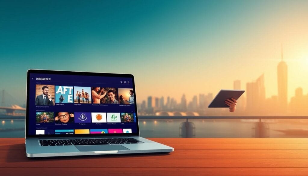 A sleek and modern digital illustration representing the concept of "KING365FR," an IPTV service. In the foreground, feature a laptop showing an IPTV interface with vibrant streaming channels, conveying a sense of high-quality entertainment. The middle ground includes a professional marketing expert in business attire, analyzing data on a tablet, embodying a tone of knowledge and confidence. In the background, a subtle city skyline under soft daylight illuminates the scene, reflecting innovation and connectivity. Use a balanced composition that emphasizes clarity and professionalism, with warm lighting to create a welcoming atmosphere. The overall mood should be confident and informative, suitable for an analysis of IPTV services.