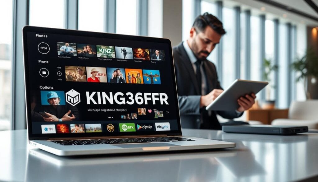 A sleek and modern digital interface showcasing the concept of IPTV, representing KING365FR, in a professional office setting. In the foreground, a stylish laptop displays the KING365FR logo prominently on its screen, surrounded by streaming icons and vibrant multimedia visuals. The middle layer features a well-dressed business professional, attentively analyzing IPTV options on a tablet, reflecting focus and expertise. The background showcases a contemporary office with large windows allowing natural light to flood the space, creating an inviting atmosphere. Soft lighting highlights the elements on the desk, enhancing the image's depth. The overall mood is professional and reassuring, emphasizing the advantages of choosing KING365FR for IPTV subscriptions with a focus on quality and reliability. A sleek and modern digital interface showcasing the concept of IPTV, representing KING365FR, in a professional office setting. In the foreground, a stylish laptop displays the KING365FR logo prominently on its screen, surrounded by streaming icons and vibrant multimedia visuals. The middle layer features a well-dressed business professional, attentively analyzing IPTV options on a tablet, reflecting focus and expertise. The background showcases a contemporary office with large windows allowing natural light to flood the space, creating an inviting atmosphere. Soft lighting highlights the elements on the desk, enhancing the image's depth. The overall mood is professional and reassuring, emphasizing the advantages of choosing KING365FR for IPTV subscriptions with a focus on quality and reliability.