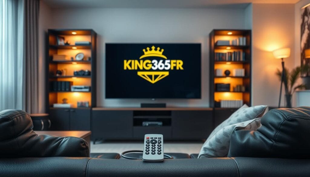 A sleek and modern living room setting as the foreground, featuring a high-definition television displaying the "KING365FR" logo prominently. In the middle, a comfortable leather couch with a remote control resting on it, inviting viewers to experience the premium IPTV service. The background includes a stylish, well-lit bookshelf filled with entertainment-related items, creating an atmosphere of sophistication and relaxation. Soft ambient lighting enhances the inviting mood, while a gentle sunset glow streams through a window, adding warmth to the scene. The angle is slightly elevated, capturing the depth of the room while focusing on the television. The overall vibe is professional yet cozy, epitomizing the reasons to choose KING365FR IPTV service. A sleek and modern living room setting as the foreground, featuring a high-definition television displaying the "KING365FR" logo prominently. In the middle, a comfortable leather couch with a remote control resting on it, inviting viewers to experience the premium IPTV service. The background includes a stylish, well-lit bookshelf filled with entertainment-related items, creating an atmosphere of sophistication and relaxation. Soft ambient lighting enhances the inviting mood, while a gentle sunset glow streams through a window, adding warmth to the scene. The angle is slightly elevated, capturing the depth of the room while focusing on the television. The overall vibe is professional yet cozy, epitomizing the reasons to choose KING365FR IPTV service.