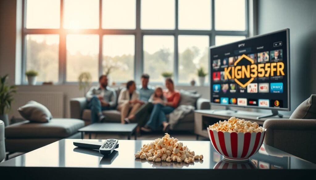 A sleek and modern living room setting featuring a large flat-screen TV displaying the logo "KING365FR" prominently. In the foreground, a stylish coffee table is adorned with a remote control and a bowl of popcorn, evoking a cozy viewing experience. In the middle ground, a family is comfortably seated on a plush sofa, dressed in casual, professional attire, engrossed in watching a diverse selection of colorful channels on the IPTV service. The background showcases large windows with natural light flooding in, creating an inviting atmosphere. The lighting is bright yet warm, enhancing a lively, pleasant scene. Capture the essence of connection and choice that comes with an IPTV subscription, emphasizing trust and quality in home entertainment. King 365 renouvellement