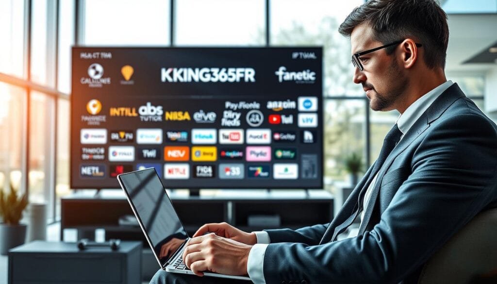 A sleek and modern representation of the IPTV landscape in France, emphasizing the evolution of the market. In the foreground, a professional businessperson wearing smart attire is analyzing IPTV statistics on a laptop, showcasing graphs and growth trends. The middle layer features a large digital screen displaying various IPTV service logos, including "KING365FR," highlighting its offerings. In the background, a contemporary office environment is depicted with floor-to-ceiling windows, allowing natural light to flood in, creating an energetic and dynamic atmosphere. The mood is forward-looking and optimistic, capturing the growth and potential of IPTV services. The image should have a soft focus on the background to draw attention to the professional in the foreground, enhancing the impression of expertise and trust.
