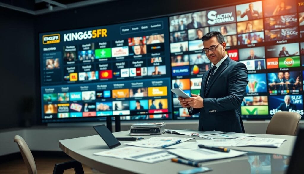 A sleek and modern workspace featuring a large screen displaying the KING365FR IPTV platform interface, showcasing an extensive selection of 20,000 channels and packages. In the foreground, a confident professional in business attire analyzes data on a tablet, representing an expert in IPTV marketing. In the middle ground, a stylish desk cluttered with notes and charts emphasizes the analytical aspect of the service. The background features a digital representation of various TV channels, creating a vibrant and dynamic atmosphere. Soft, ambient lighting enhances the professionalism of the scene, while a slight focus on the foreground adds depth. The overall mood conveys trust and expertise in IPTV service analysis.