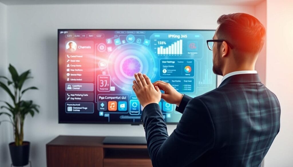 A sleek digital workspace reflecting the essence of "KING365FR," showcasing an IPTV client interface on a modern touchscreen display. In the foreground, a well-dressed professional in a tailored suit is analyzing the user-friendly app, highlighting its features like channel selection and user settings. The middle ground features a vibrant, futuristic holographic interface with icons and graphs representing IPTV statistics, radiating a high-tech vibe. In the background, a bright, contemporary office environment with soft white lighting enhances the focus on the digital display, creating an inviting atmosphere. The mood is professional and reassuring, symbolizing trust in King TV 365’s premium service and client analysis.