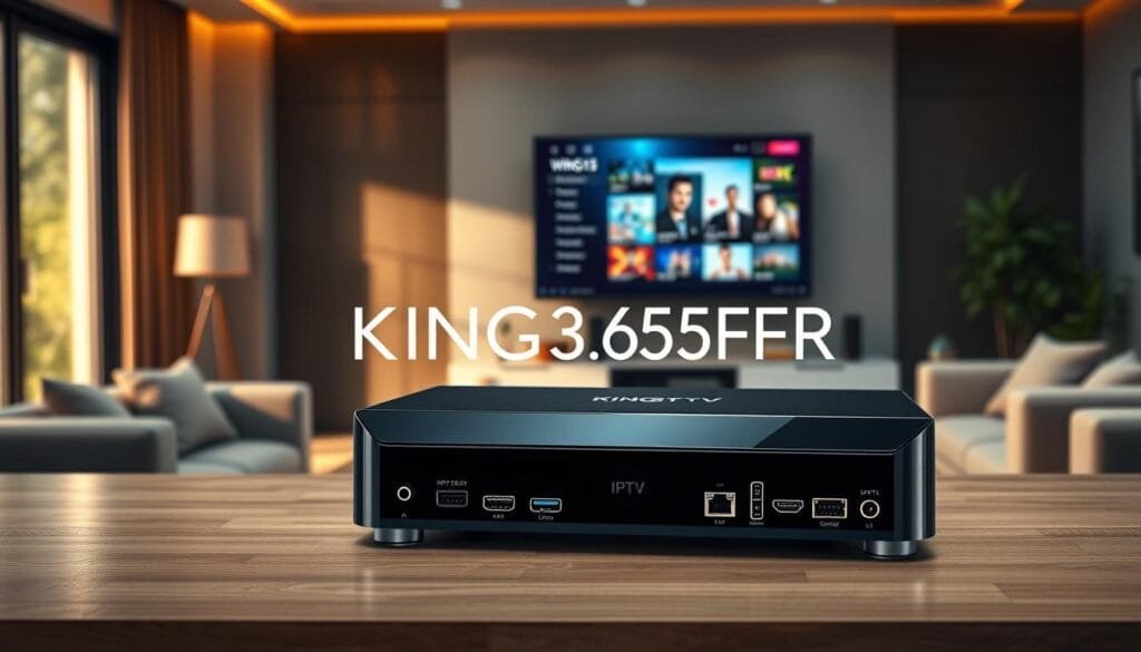 A sleek, modern IPTV box placed prominently in the foreground, showcasing its elegant design with glossy black and silver finishes. The device should display various ports and connections, conveying advanced technology. In the middle ground, a stylish living room setup with a large flat-screen TV mounted on the wall, displaying a vibrant, colorful IPTV interface, hinting at diverse viewing options. Warm, natural lighting streams in from a window, creating a cozy atmosphere. The background features plush furniture and contemporary decor, enhancing the feeling of comfort and entertainment. The overall mood is professional yet inviting, ideal for conveying the importance of selecting a high-performance IPTV solution. Integrate the brand name "KING365FR" subtly into the design of the IPTV box, ensuring it blends naturally with the product's aesthetics. A sleek, modern IPTV box placed prominently in the foreground, showcasing its elegant design with glossy black and silver finishes. The device should display various ports and connections, conveying advanced technology. In the middle ground, a stylish living room setup with a large flat-screen TV mounted on the wall, displaying a vibrant, colorful IPTV interface, hinting at diverse viewing options. Warm, natural lighting streams in from a window, creating a cozy atmosphere. The background features plush furniture and contemporary decor, enhancing the feeling of comfort and entertainment. The overall mood is professional yet inviting, ideal for conveying the importance of selecting a high-performance IPTV solution. Integrate the brand name "KING365FR" subtly into the design of the IPTV box, ensuring it blends naturally with the product's aesthetics.