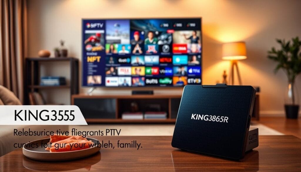A sleek, modern IPTV streaming device prominently displayed in the foreground, labeled "KING365FR" in an elegant font. The device is surrounded by a vibrant array of television channels displayed on an ultra-high-definition TV screen in the middle ground, showcasing sports, movies, and entertainment content. The background features a cozy living room setting, softly lit with warm tones, creating an inviting atmosphere. A minimalistic coffee table displays a remote control and snacks, enhancing the relaxed mood. The angle is slightly elevated, capturing the scene from a viewer's perspective, emphasizing the high-tech nature of the service while showcasing comfort and convenience for the whole family. The ambiance is reassuring and professional, reflecting the premium nature of the IPTV service. A sleek, modern IPTV streaming device prominently displayed in the foreground, labeled "KING365FR" in an elegant font. The device is surrounded by a vibrant array of television channels displayed on an ultra-high-definition TV screen in the middle ground, showcasing sports, movies, and entertainment content. The background features a cozy living room setting, softly lit with warm tones, creating an inviting atmosphere. A minimalistic coffee table displays a remote control and snacks, enhancing the relaxed mood. The angle is slightly elevated, capturing the scene from a viewer's perspective, emphasizing the high-tech nature of the service while showcasing comfort and convenience for the whole family. The ambiance is reassuring and professional, reflecting the premium nature of the IPTV service.