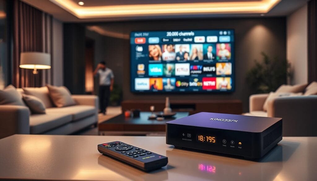A sleek, modern KING365FR IPTV box prominently displayed in a contemporary living room setup. The foreground features the box with glowing LED indicators, emphasizing its high-tech design. To the side, a stylish remote control lies on a minimalist coffee table. In the middle ground, a large flat-screen TV showcases a vibrant interface displaying various channels and streaming options, illustrating the extensive offerings of 20,000 channels. The background is filled with soft ambient lighting, creating a warm and inviting atmosphere, with comfortable furniture arranged for family viewing. The mood is sophisticated and relaxed, highlighting the user-friendly experience of the KING365TV box, ideal for premium IPTV entertainment. Aim for a clear, focused shot, with a slight angle emphasizing both the box and the dynamic TV interface.