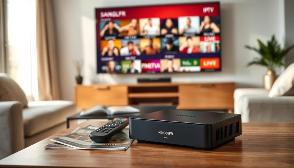 A sleek, modern KING365FR IPTV box v3 prominently displayed in the foreground, showcasing its glossy black surface and stylish design with a small LED indicator light glowing softly. The background features a cozy living room setting, with a flat-screen TV mounted on the wall streaming vibrant IPTV content, hinting at a vast selection of channels. Natural light filters through a window, creating a warm and inviting atmosphere. In the middle ground, a stylish coffee table is subtly visible, holding a remote control and a few streaming-related magazines, emphasizing the theme of home entertainment. The overall mood is professional and reassuring, reflecting the advanced technology and user-friendly experience of the King365tv box v3. Capture this scene from a slightly elevated angle to enhance depth and focus on the IPTV box as the centerpiece. A sleek, modern KING365FR IPTV box v3 prominently displayed in the foreground, showcasing its glossy black surface and stylish design with a small LED indicator light glowing softly. The background features a cozy living room setting, with a flat-screen TV mounted on the wall streaming vibrant IPTV content, hinting at a vast selection of channels. Natural light filters through a window, creating a warm and inviting atmosphere. In the middle ground, a stylish coffee table is subtly visible, holding a remote control and a few streaming-related magazines, emphasizing the theme of home entertainment. The overall mood is professional and reassuring, reflecting the advanced technology and user-friendly experience of the King365tv box v3. Capture this scene from a slightly elevated angle to enhance depth and focus on the IPTV box as the centerpiece.