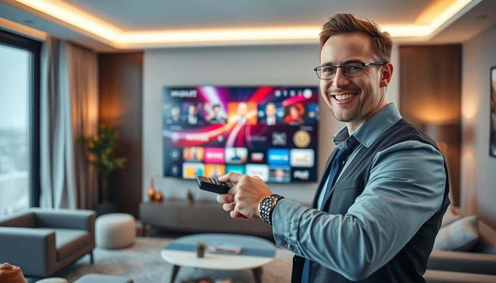 A sleek, modern interior of a home entertainment room, featuring a large flat-screen TV displaying an appealing IPTV interface. In the foreground, a professional, friendly-looking person dressed in smart casual attire is enthusiastically interacting with a remote control. In the middle, colorful light effects and dynamic streaming content icons are subtly showcased to illustrate the variety and fluidity of streaming options available through KING365FR. The background includes cozy furniture and ambient lighting that creates a warm, inviting atmosphere. The shot is taken from a slight angle to give depth, with soft, diffused lighting enhancing the professional yet relaxed mood, emphasizing trust and innovation in streaming services.